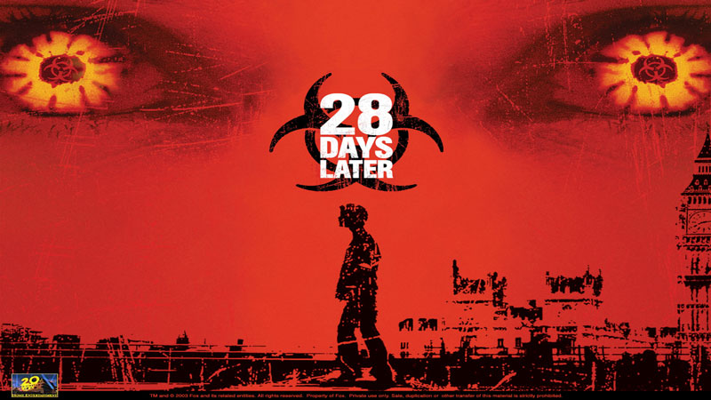 Haunting yellow infected eyes oversee a blood draped world as a single man walks alone in '28 Days Later'.