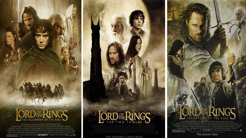 Posters for all three movies from 'The Lord of the Rings' trilogy with the cast in each one.