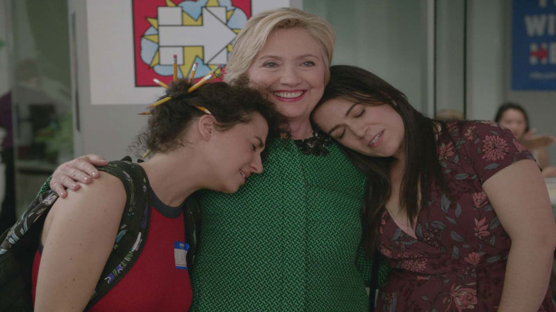 The lead actresses from 'Broad City' on Comedy Central with Hillary Clinton