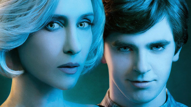 The two lead actors from 'Bates Motel' on A&E looking towards the viewer with a blue tint