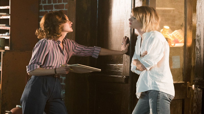 The two lead actresses from 'Halt and Catch Fire' on AMC standing next to each other frustrated