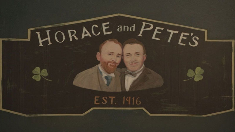 A painted sign of the main bar from 'Horace and Pete' on LouisCK.net and Hulu