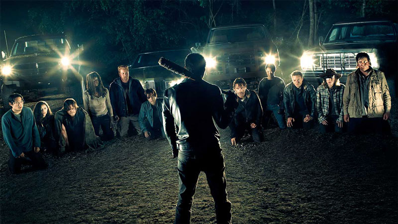 Negan in front of a large group getting ready to kill someone on 'The Walking Dead' on AMC