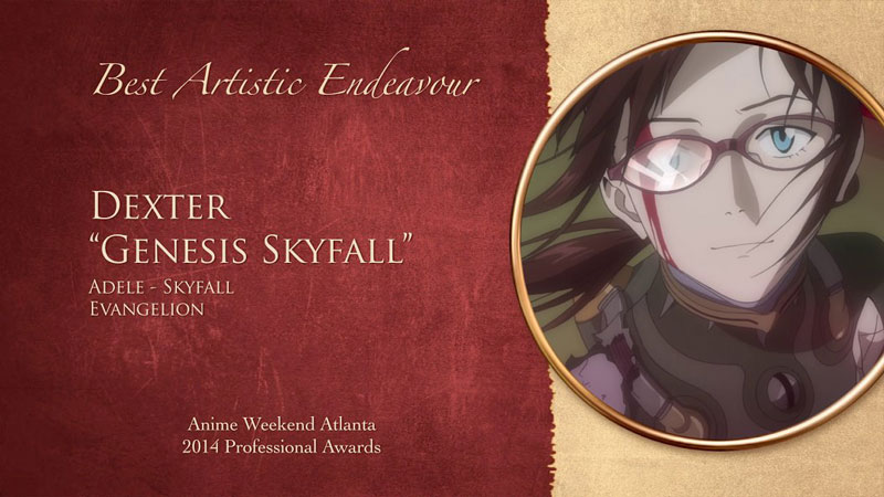 Anime Weekend Atlanta 'Best Artistic Endeavor' award card with photo for 'Genesis Skyfall' in 2014