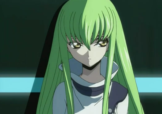 C.C. from 'Code Geass' with green hair in a white outfit