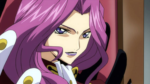 Cornelia from 'Code Geass' with long purple hair looking confident