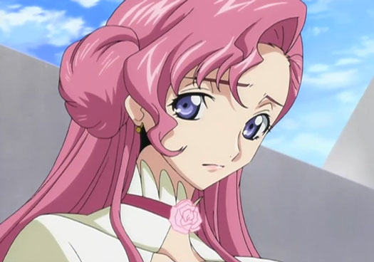 Euphy from 'Code Geass' in a white outfit looking solemn