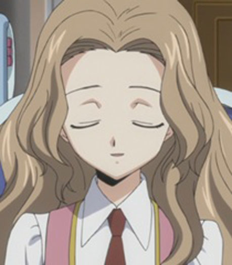 Nunnally from 'Code Geass' in a pink and white outfit with her eyes closed