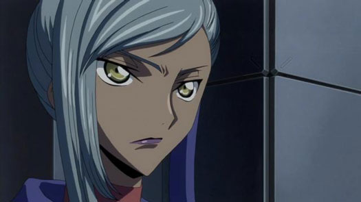 Villetta from 'Code Geass' with silver shining hair looking upset