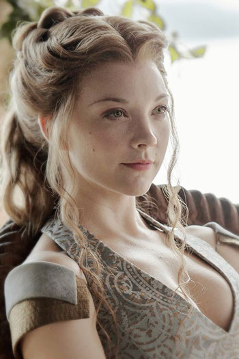 Margaery Tyrell from 'Game of Thrones' in a tan dress showing cleavage