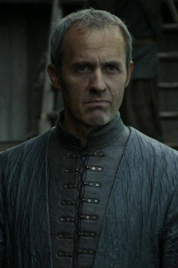 Stannis Baratheon from 'Game of Thrones' in a dark blue tunic