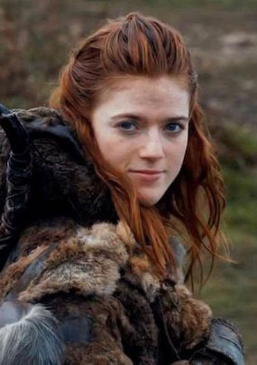 Ygritte from 'Game of Thrones' in a grey and brown fur coat