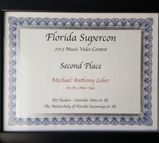 Florida Supercon 'Second Place' award certificate for 'On the Other Side' in 2013