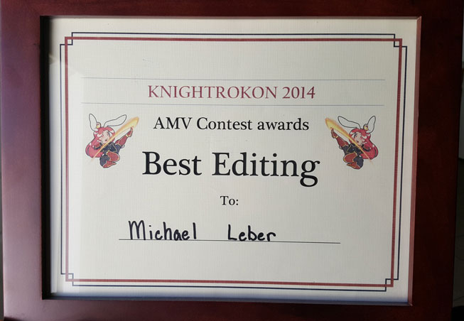 Knightrokon 'Best Editing' award certificate for 'Revolution' in 2014