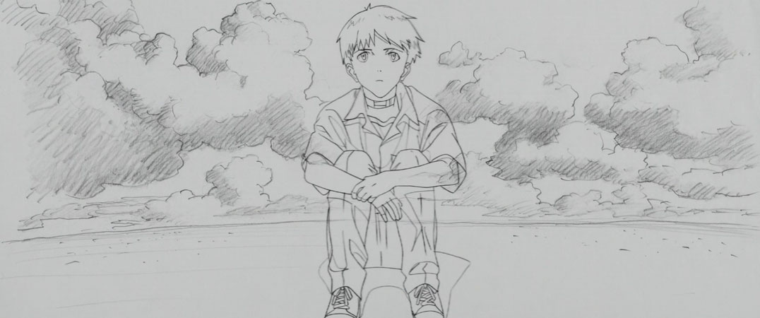 Shinji sitting on a beach looking longingly at the sky in a hand drawn black and white image