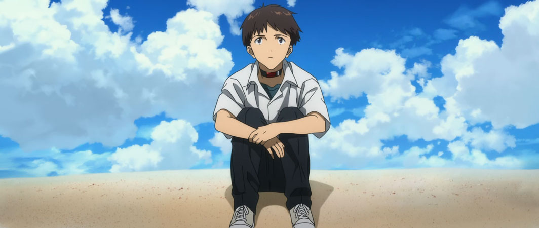 Shinji sitting on a beach looking longingly at the sky in a full color final render image