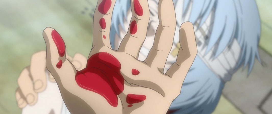 Shinji's hand with blood on it in front of Rei's injured body