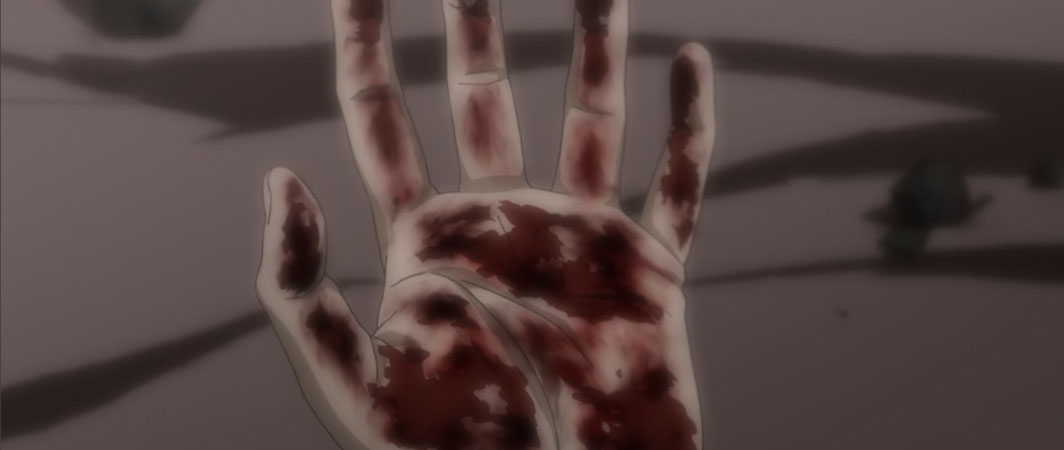 Shinji's hand with blood on it in front of a wasteland covered in smoke with the same framing as the previous image