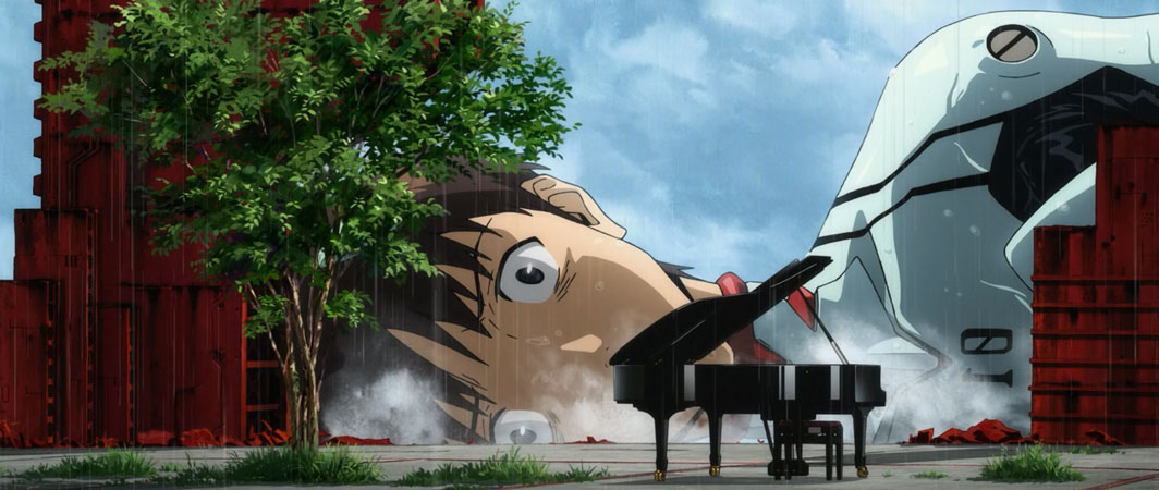 Shinji's body and face laying against a peaceful image with a piano and tree with the same framing as the previous image