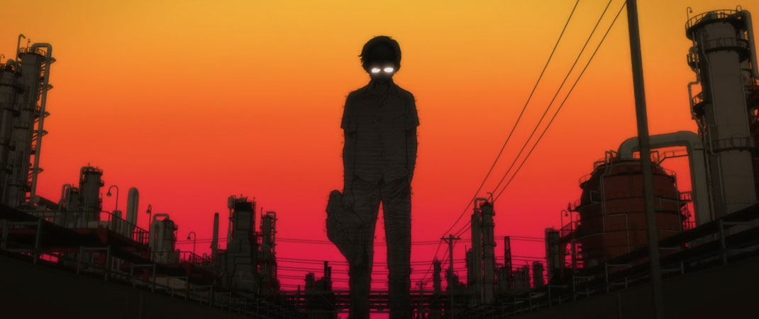 Shinji in shadow looking downtrodden in front of a city on a sunset background. 