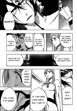 A shot from the manga for Bleach that inspired my video depicting the debate between Ulquiorra and Orihime about the heart